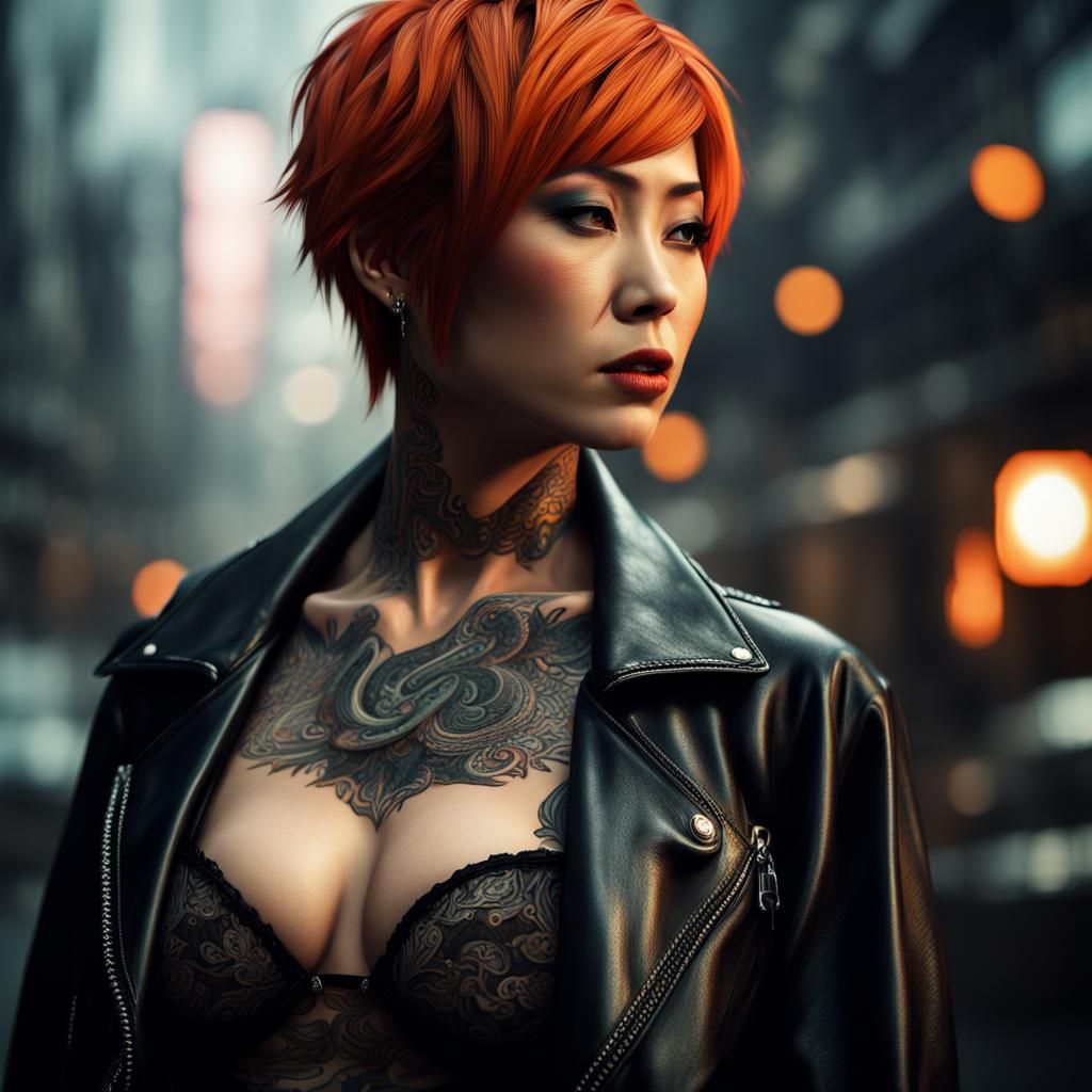Tattooed Yakuza Woman in Leather Jacket: Digital Art