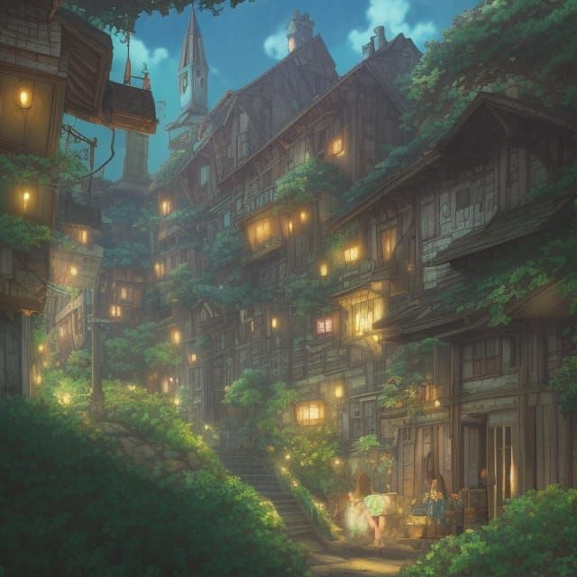 Fantasy RPG Town at Night in Anime Style