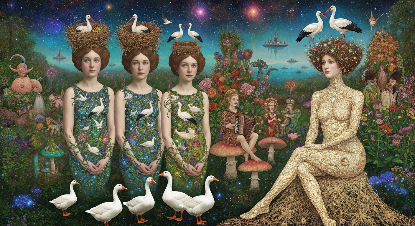 Surreal 1920s Twins & Geese in Bioluminescent Garden