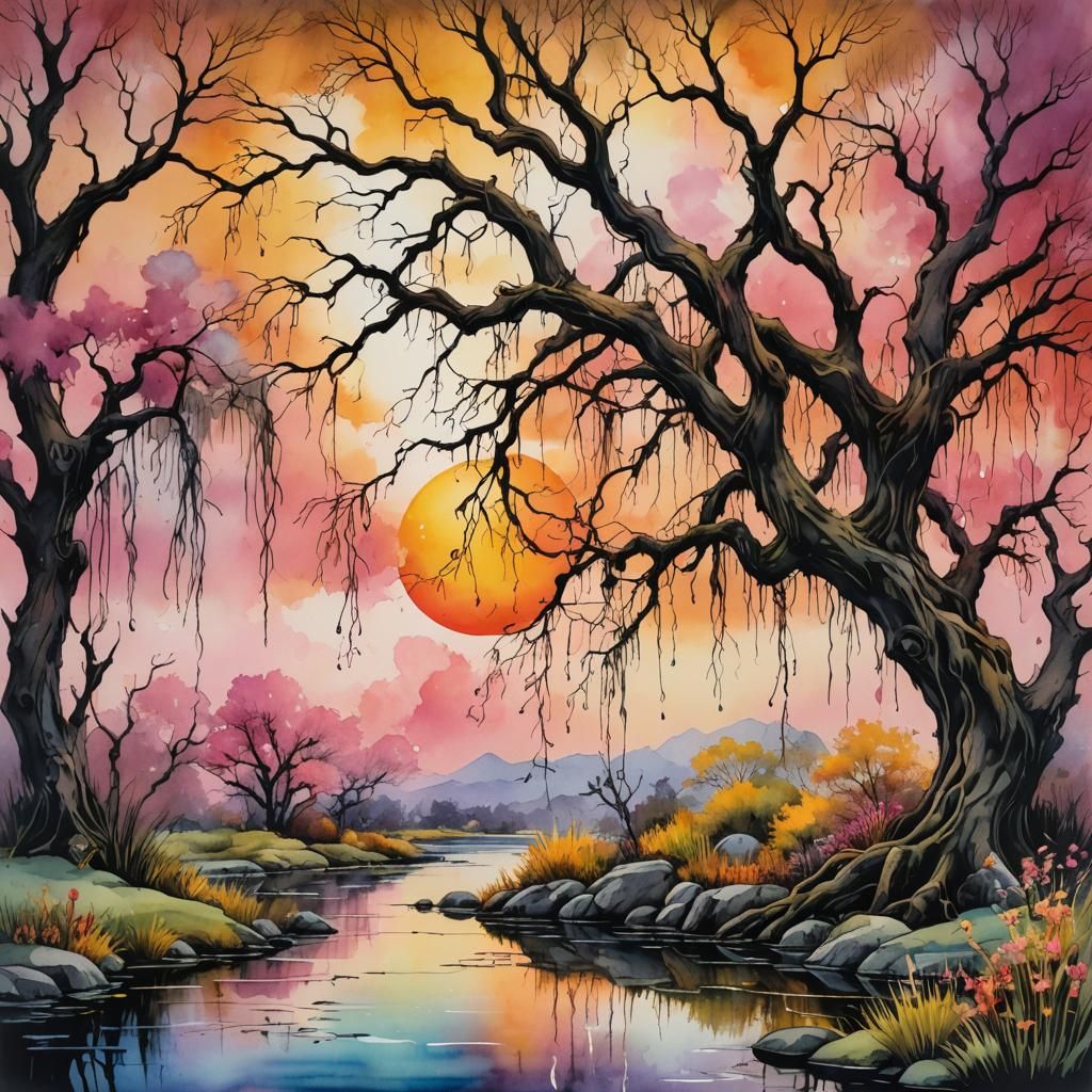 Watercolor Garden Pond with Weeping Willow