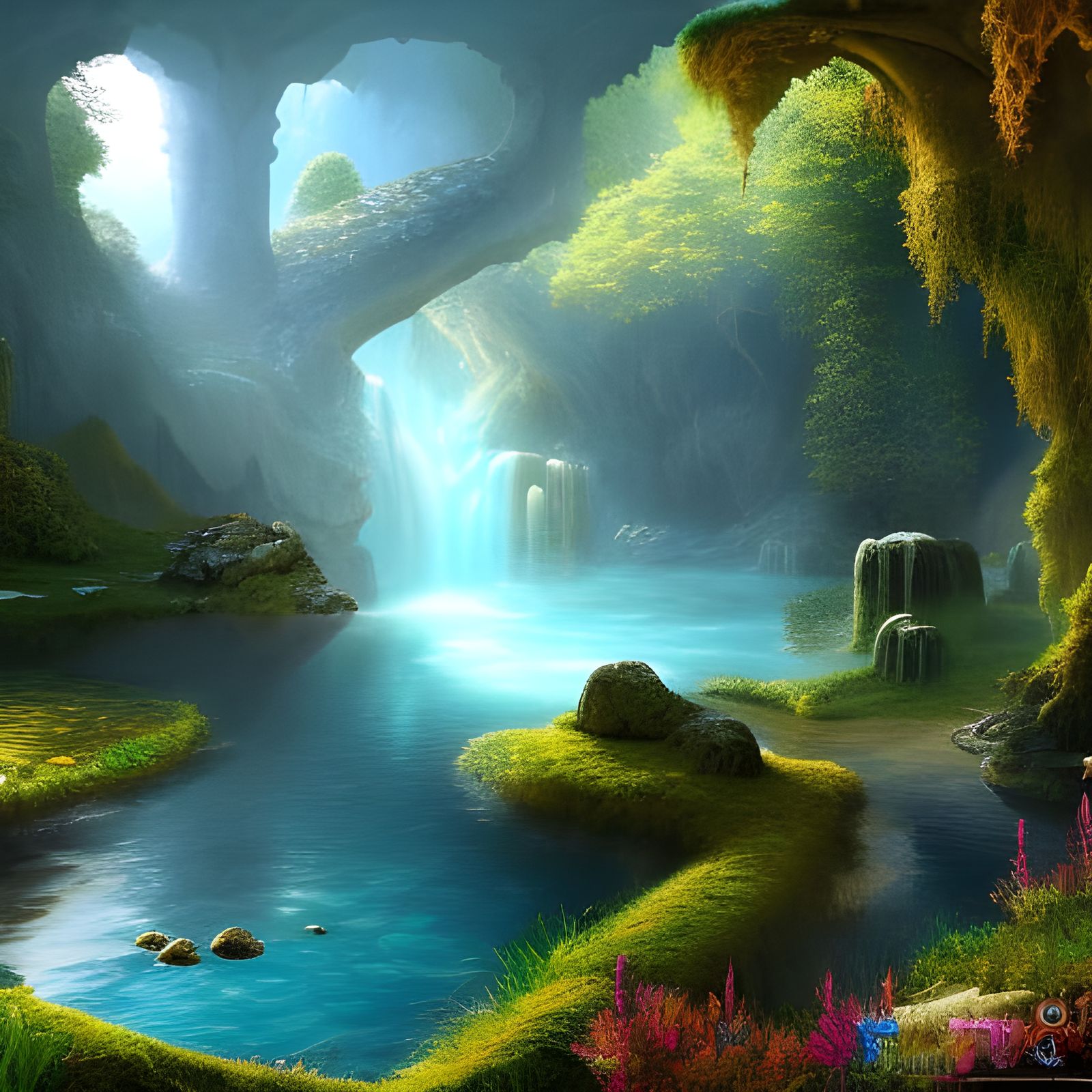 Cave Waterfall with Crystalline Geodes, Fantasycore Art