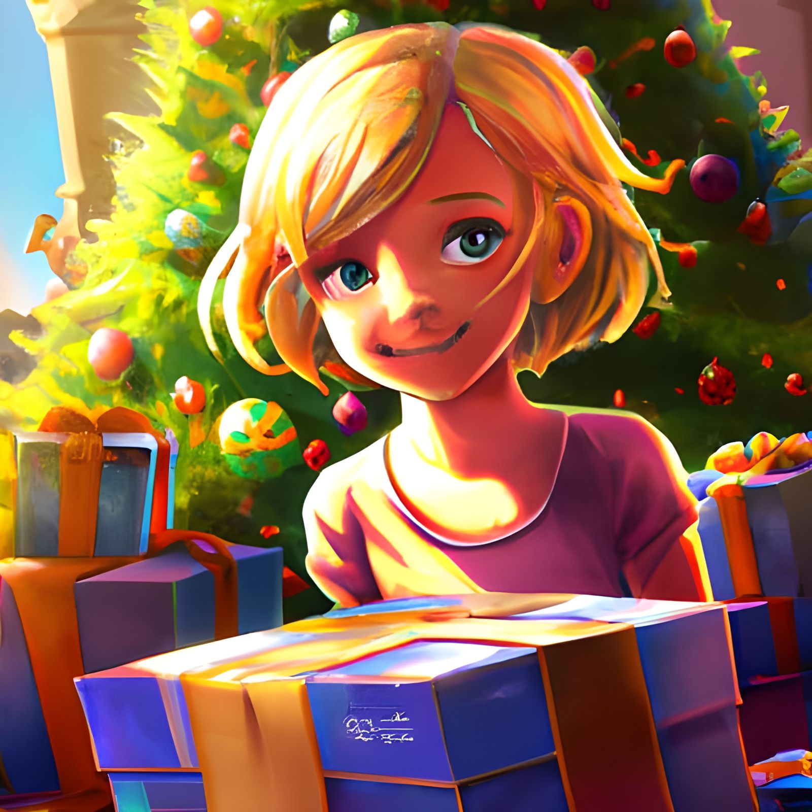 Chibi Blonde Girl with Christmas Present, 3D Render