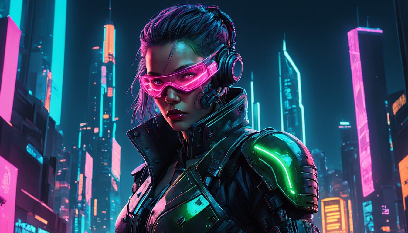 Android Warrior Over Cyberpunk Metropolis in Cyberpunk Style