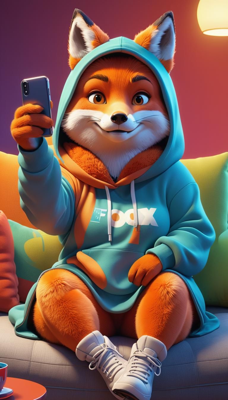 Fox Selfie on Couch in Pixar Style
