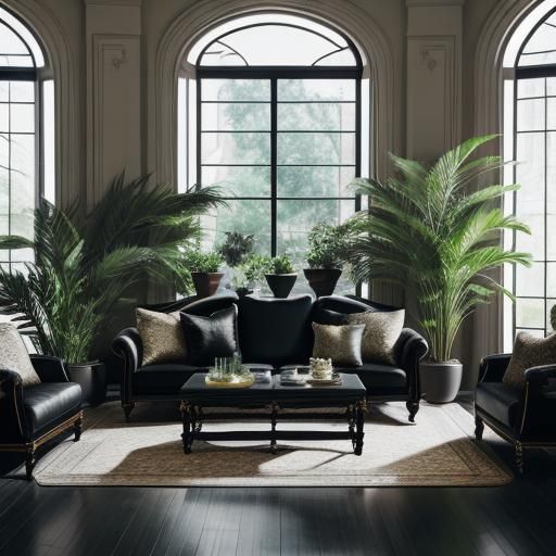 Luxurious Black Living Room with Plants, Professional Photog...