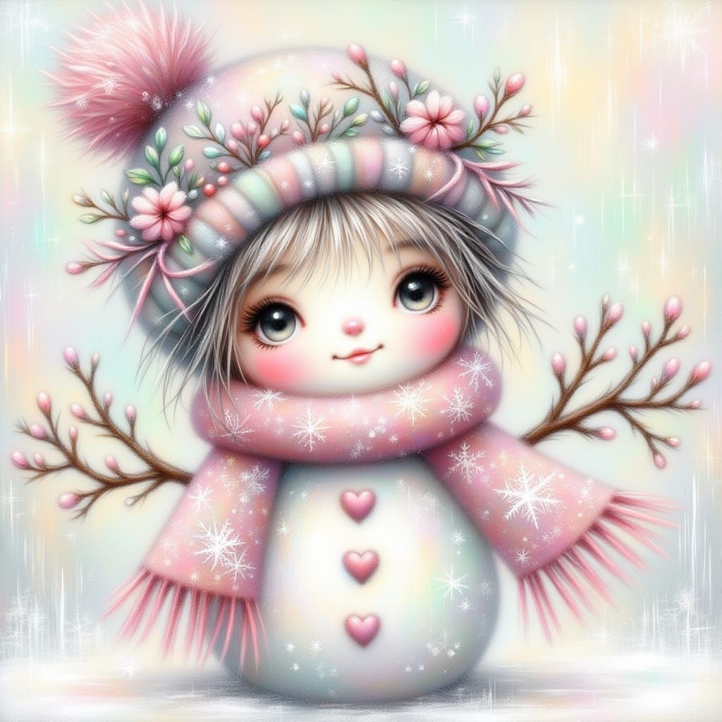 Cute Snowman Wearing Pink Scarf and Christmas Hat