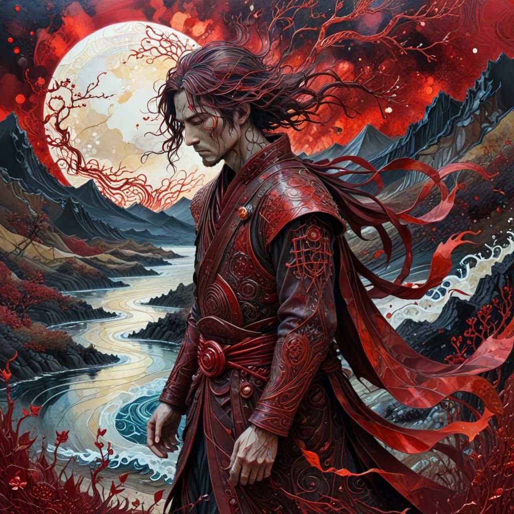 Lone Warrior in Eerie Eldritch Japanese Landscape