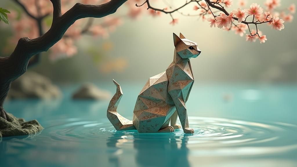Origami Cat on Branch in Cubist Art Deco Style