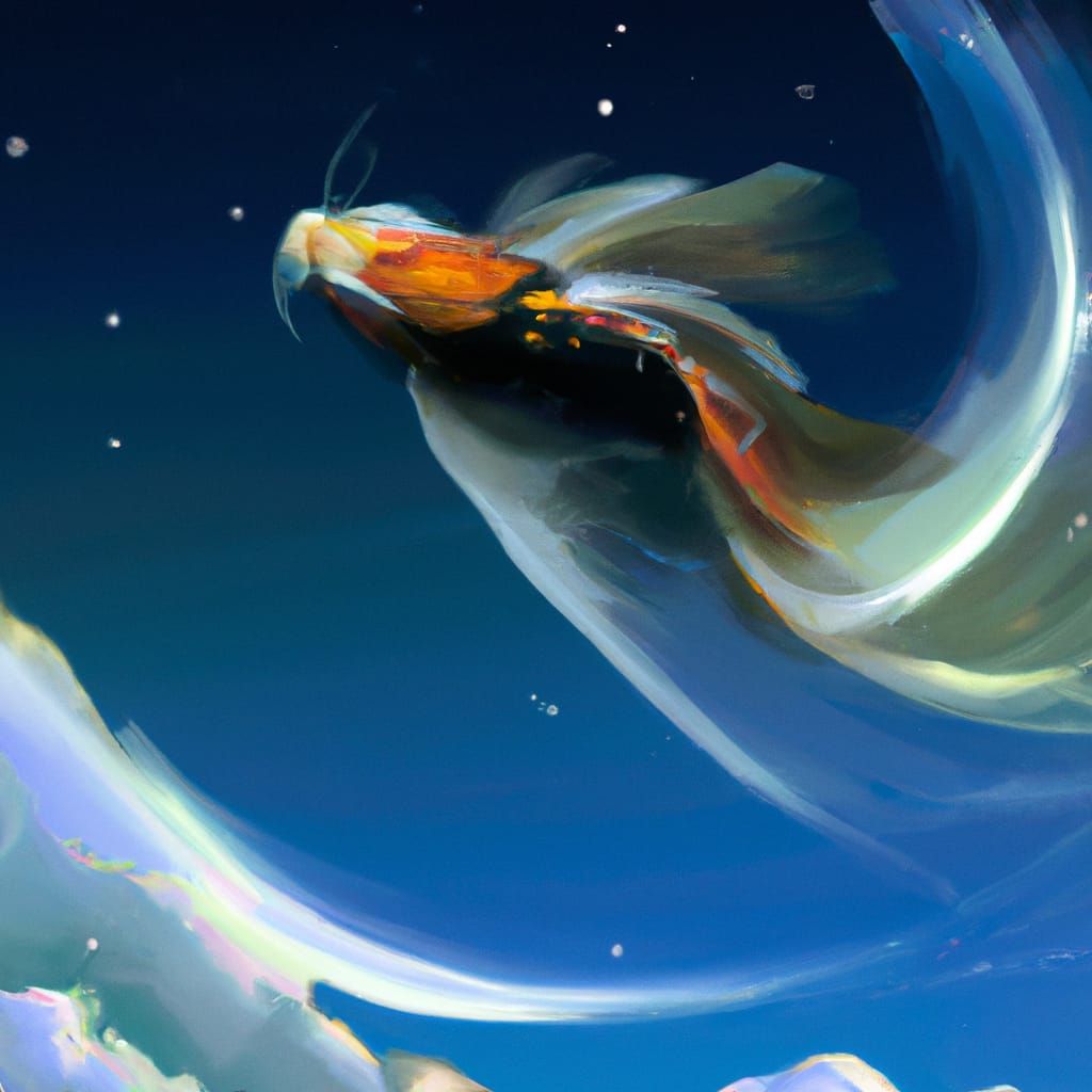 Koi Fish Flies in Dark Fantasy Sky