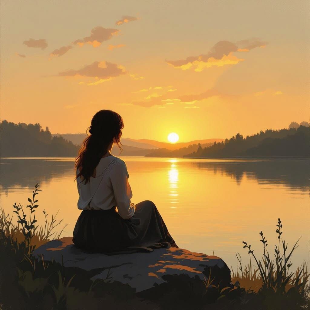 Contemplative Figure by Lake at Sunset