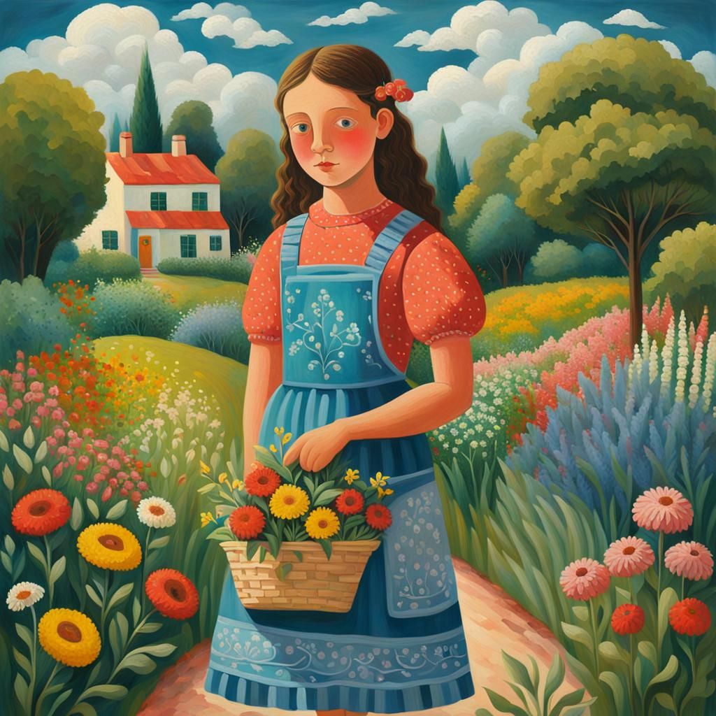 Girl with Wildflowers in Naive Folk Art Style