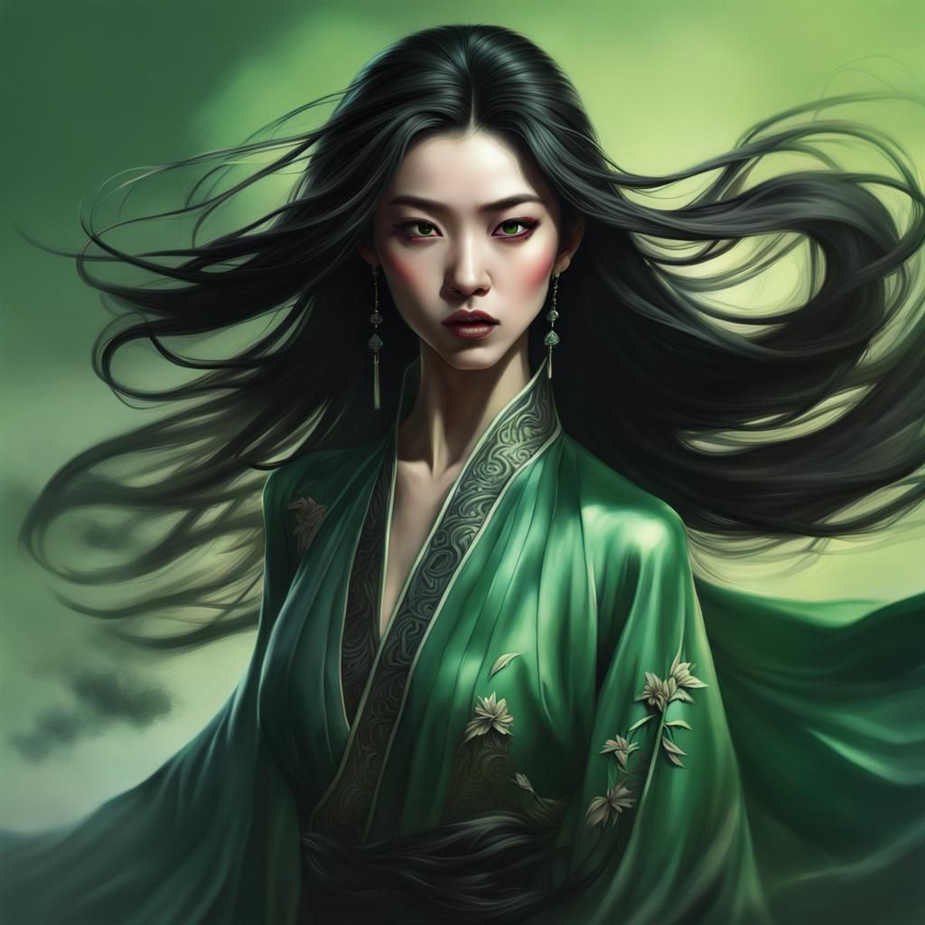 Elegant Chinese Vampire in Flowing Green Silk Dress