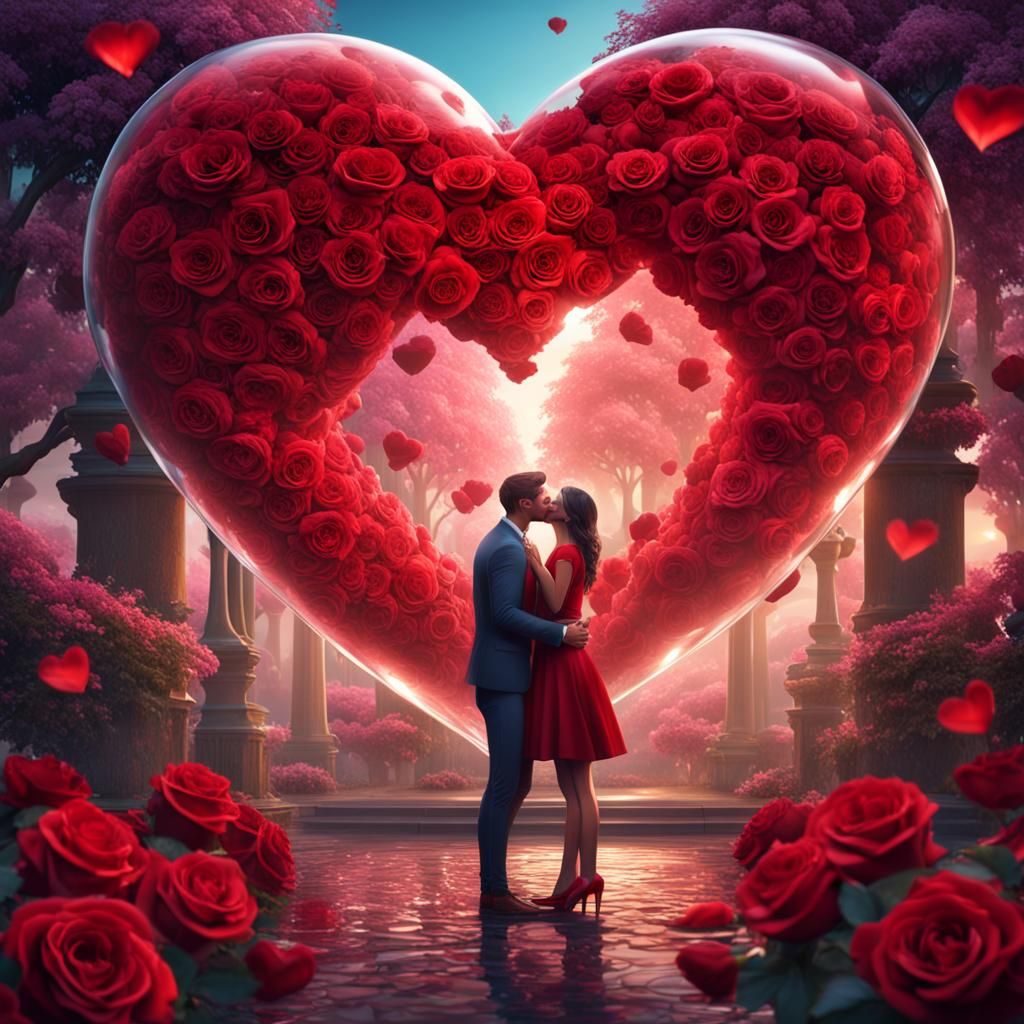 Valentine's Day Kiss in a Rose Heart Bubble