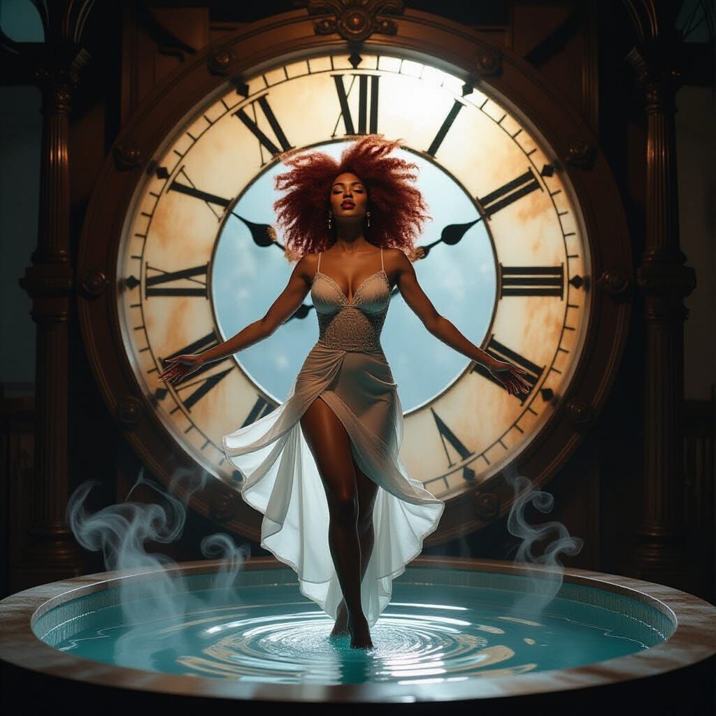Ethereal Afro Redhead Floating in Wooden Clock