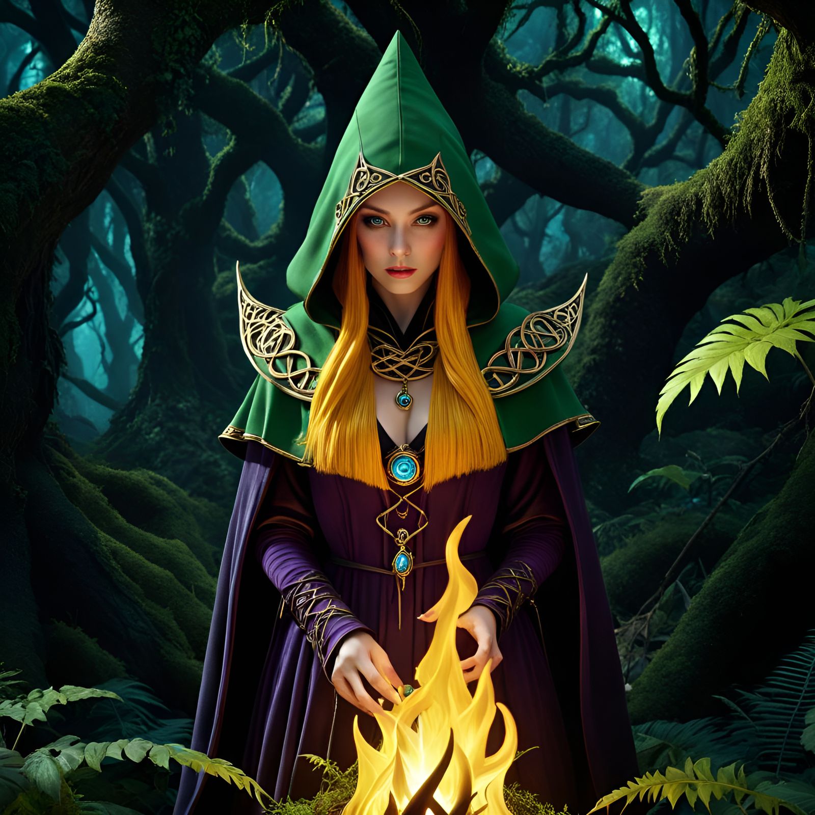 Dark Fantasy Sorcerer Channeling Magic in Forest