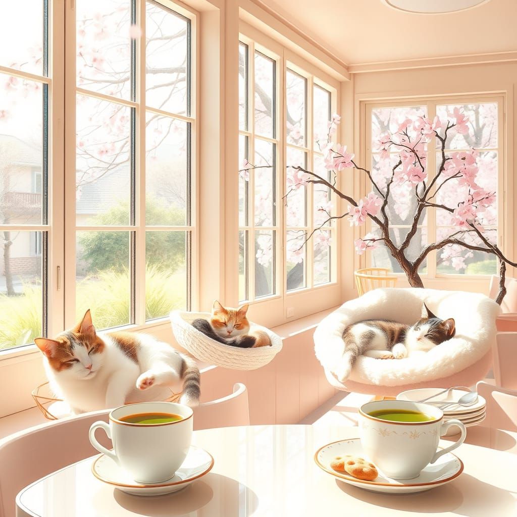 Sunlit Cat Café with Cherry Blossoms in Watercolor Style