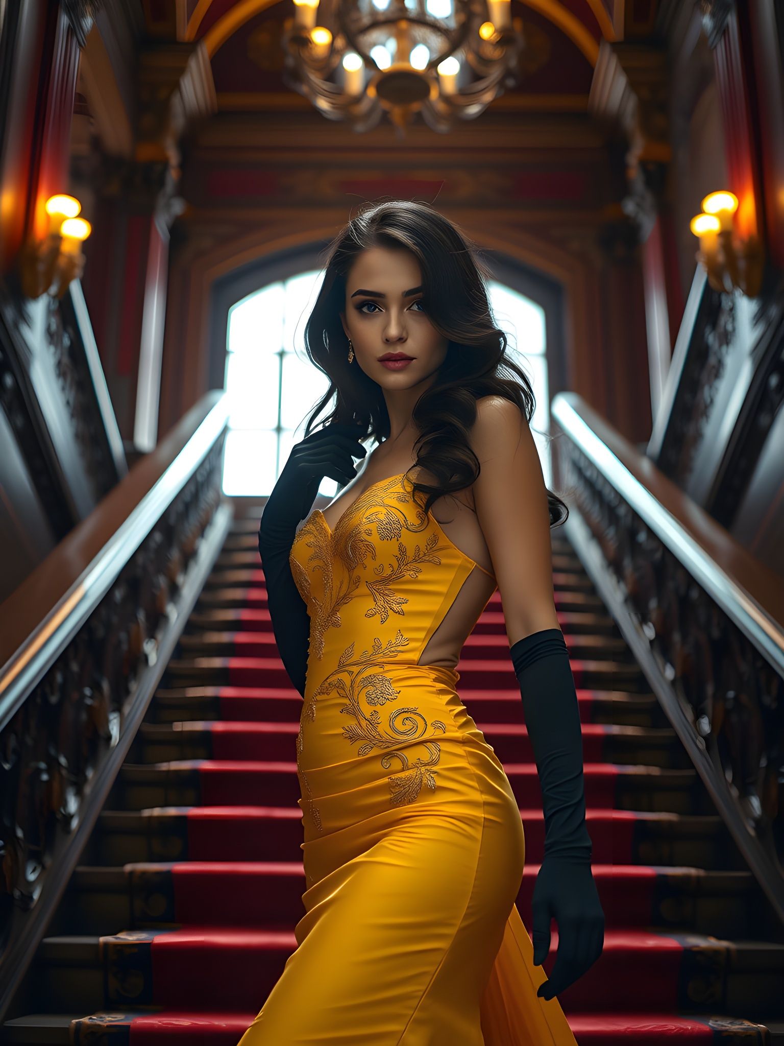 Elegant Brunette Woman Descends Grand Staircase in Yellow Ev...