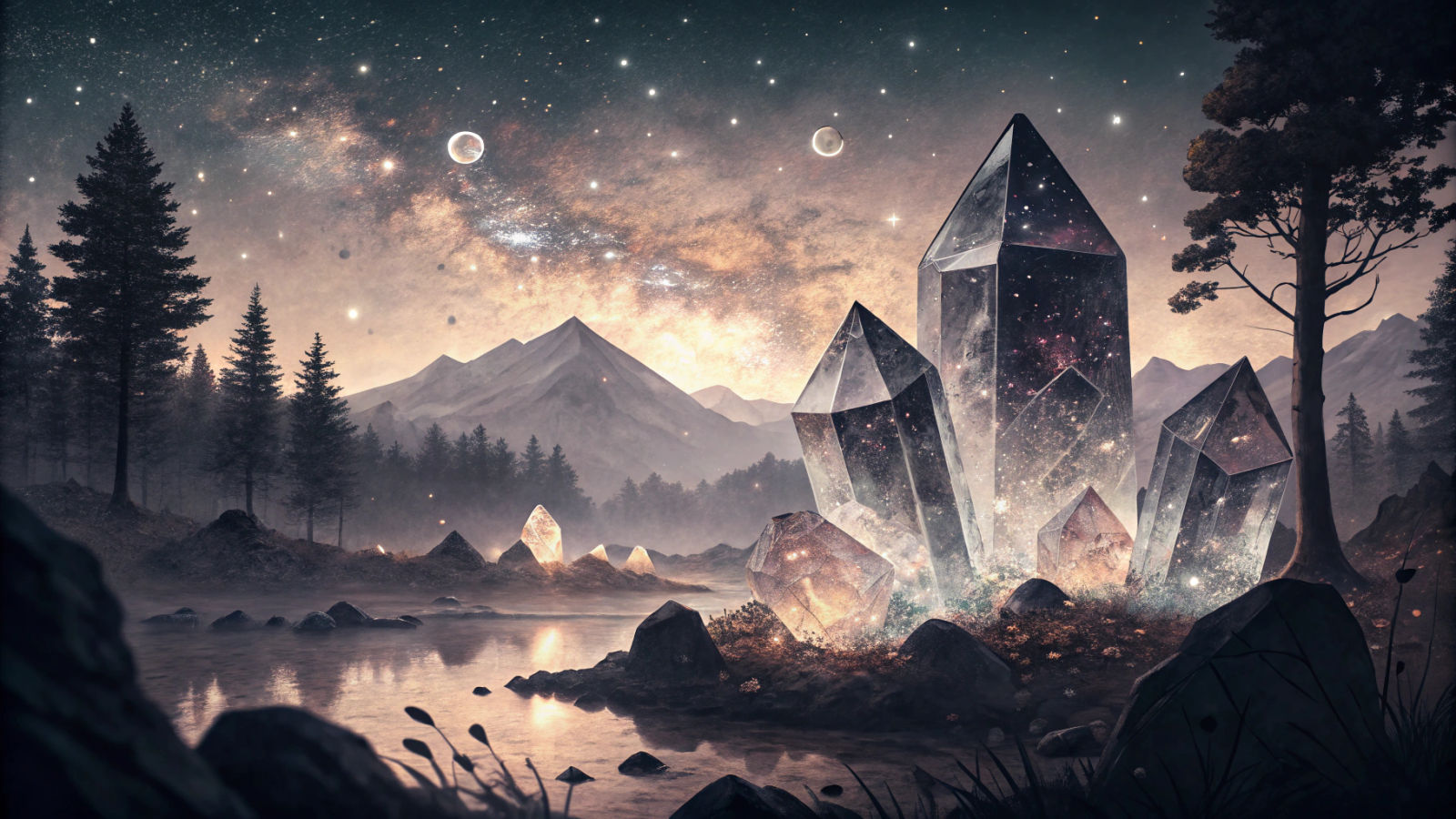 Astral Crystal Landscape in Ink Splatter Style