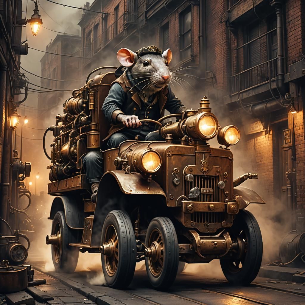 Steampunk Rat Catcher Patrolling in Steam Truck