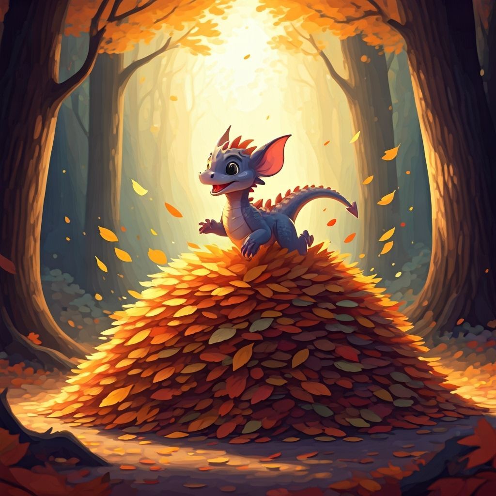 Baby Dragon Joyfully Leaps into Autumn Leaves