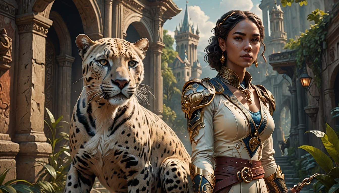 Woman Walking Panther: Detailed Fantasy Concept Art