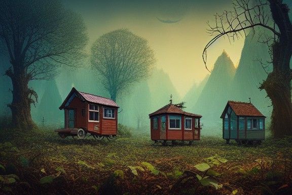 Tiny Houses on Branch in Surreal Matte Painting