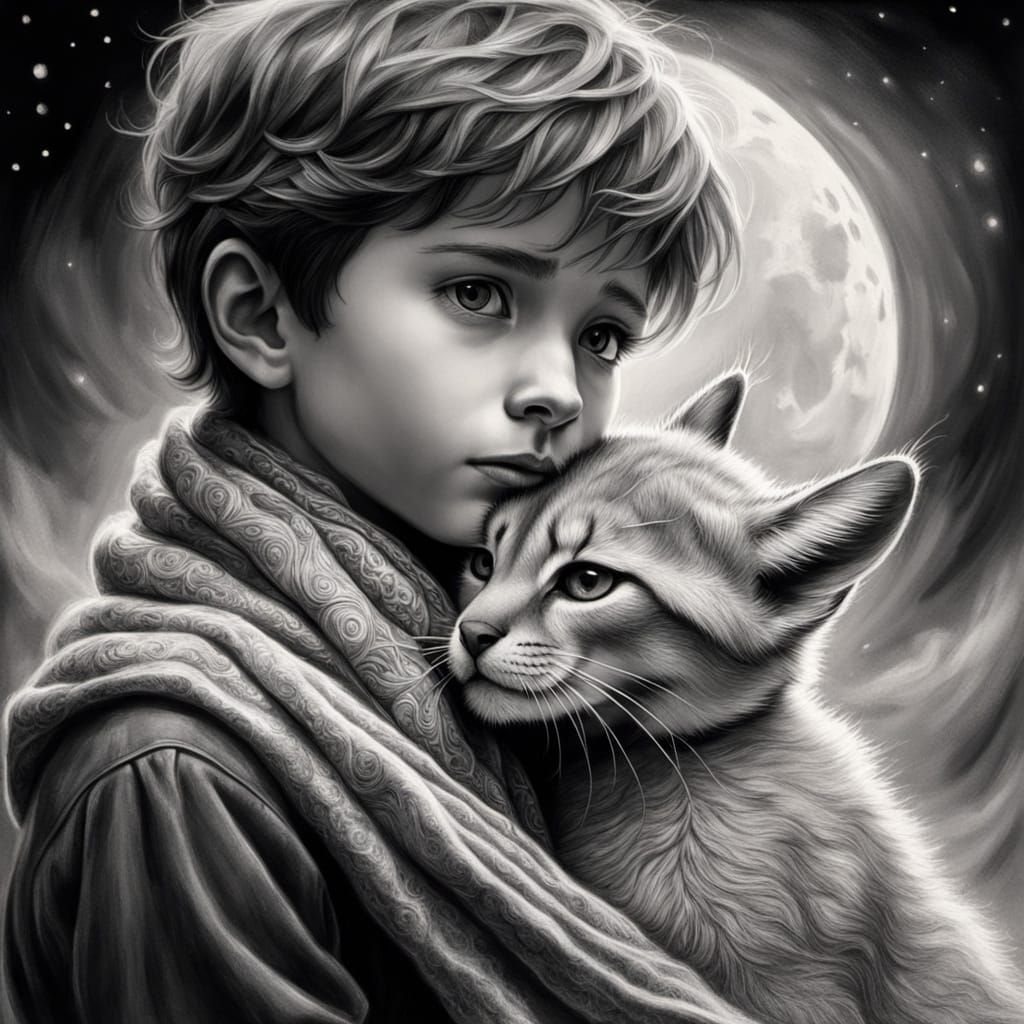 Boy and Caracal: Hyperrealistic Charcoal Drawing