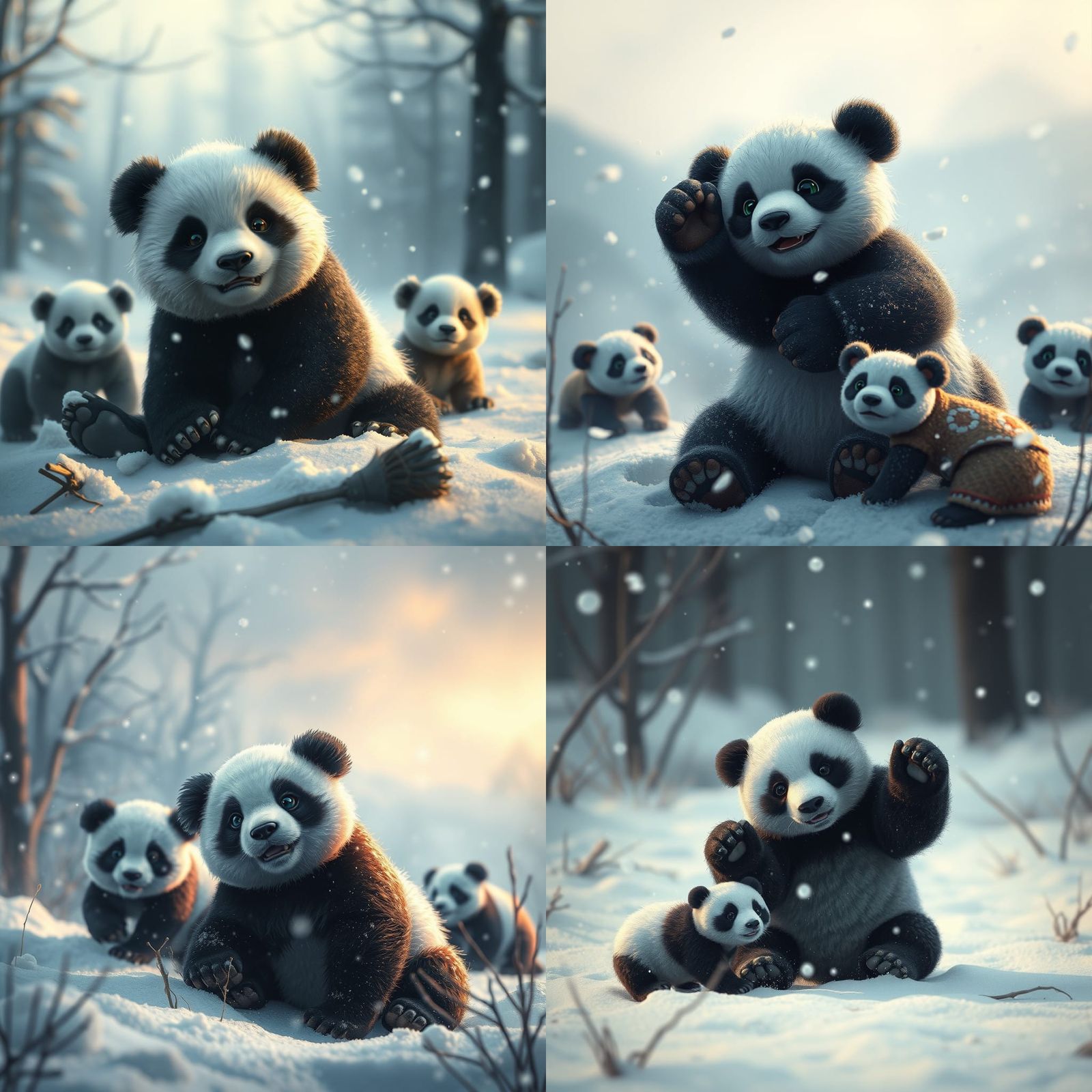 Pandas Playing in a Winter Wonderland: Digital Art