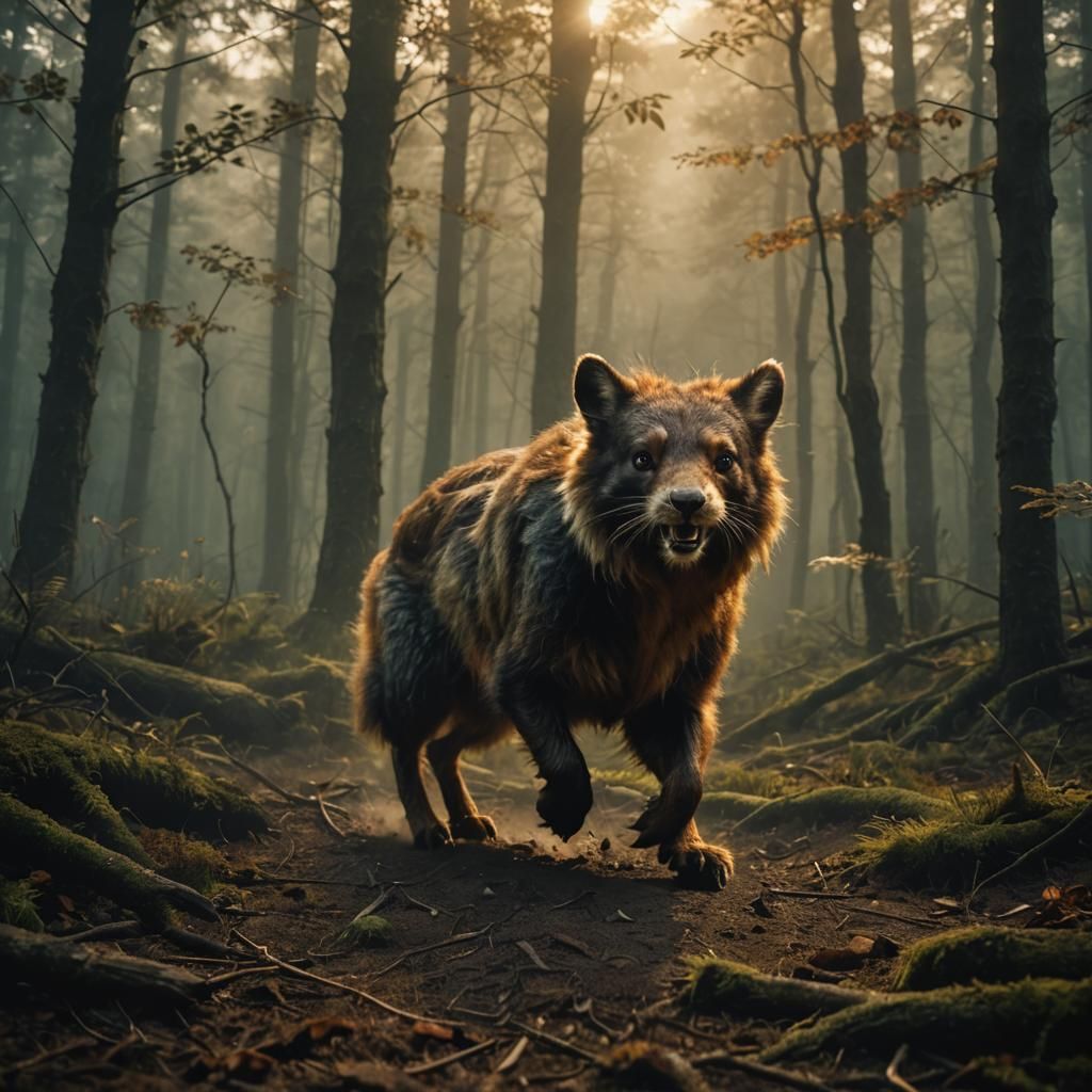 Wolverine Rabbit Hybrid in Misty Forest: Cinematic Still