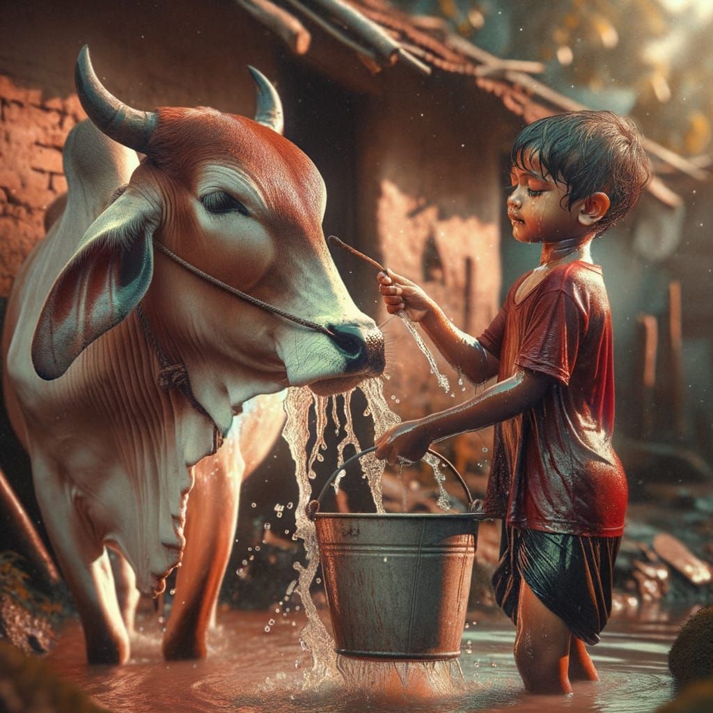 Bengali Boy Bathes Cow: Hyper-Realistic Rural Scene