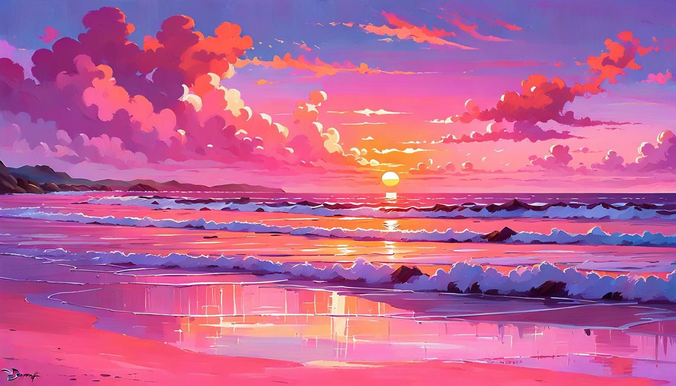 Pink Sand Beach Sunset in Digital Painting Style