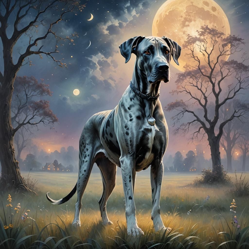 Great Dane in Misty Field: Kinkade-Inspired Oil Painting