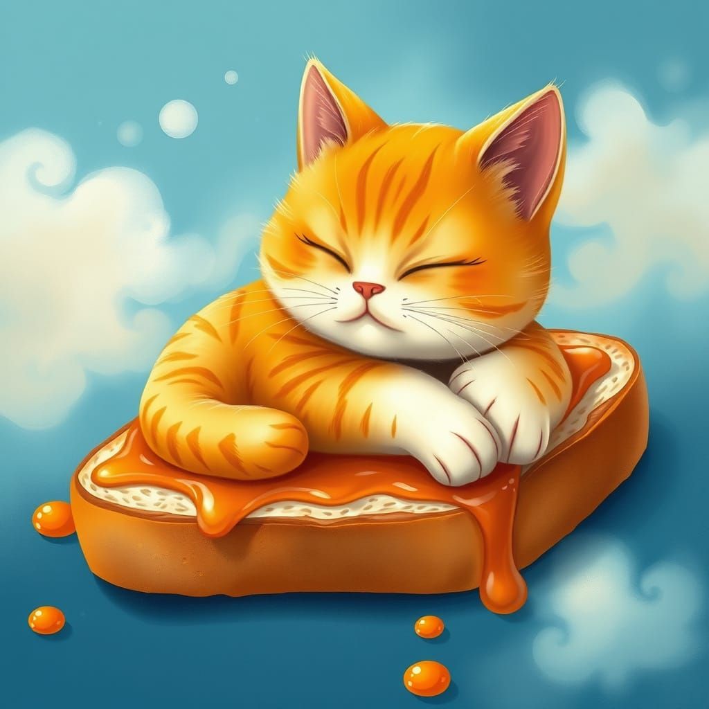 Whimsical Ginger Cat on Toast in Storybook Style