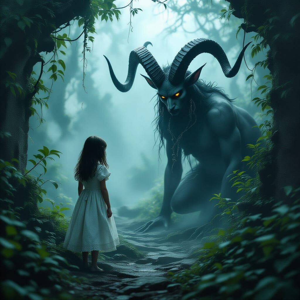 Dark Fantasy Faun Observes Girl in Misty Labyrinth