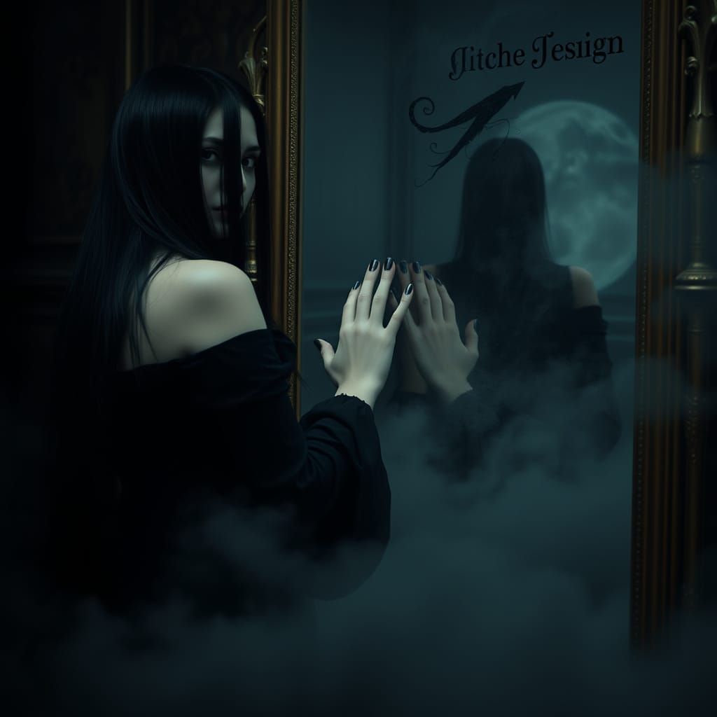 Woman and Shadow Figure in Antique Mirror