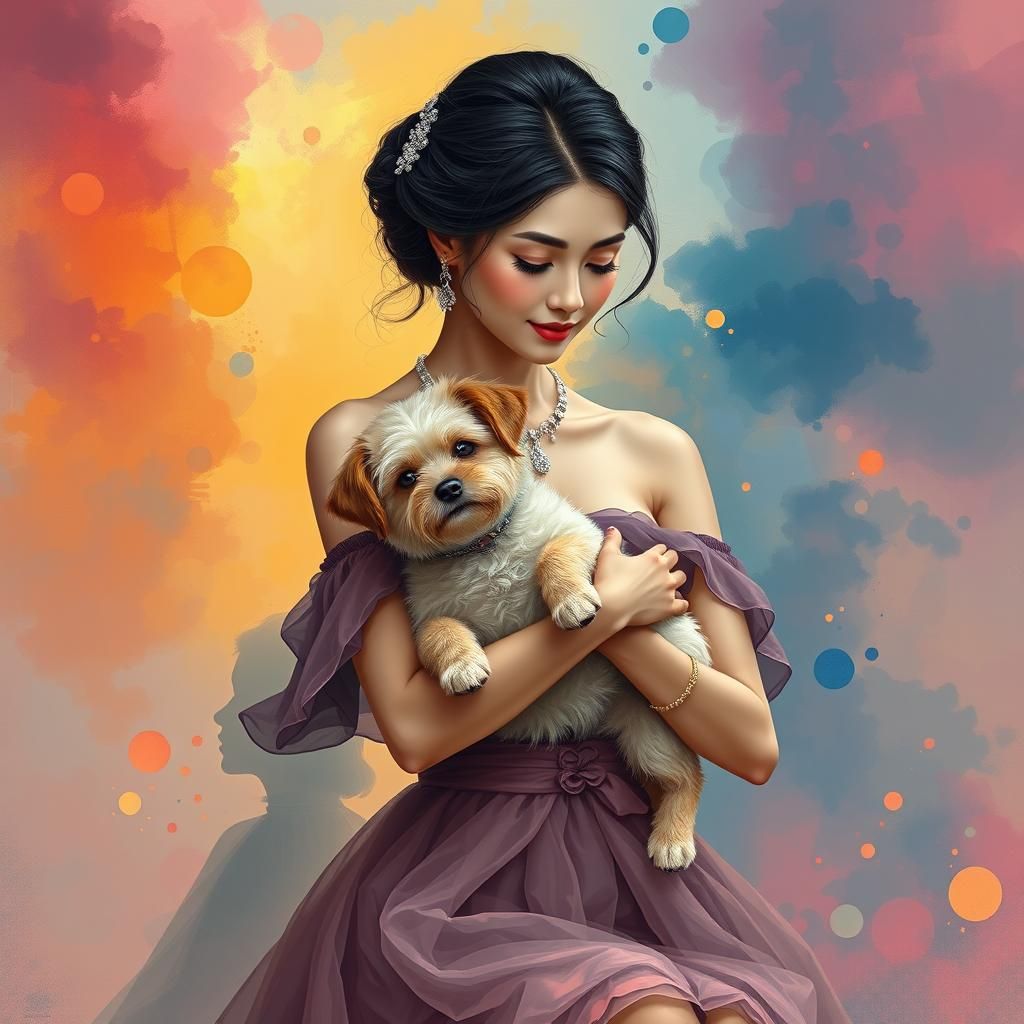 Elegant Woman with Dog in Dreamy Romantic Setting