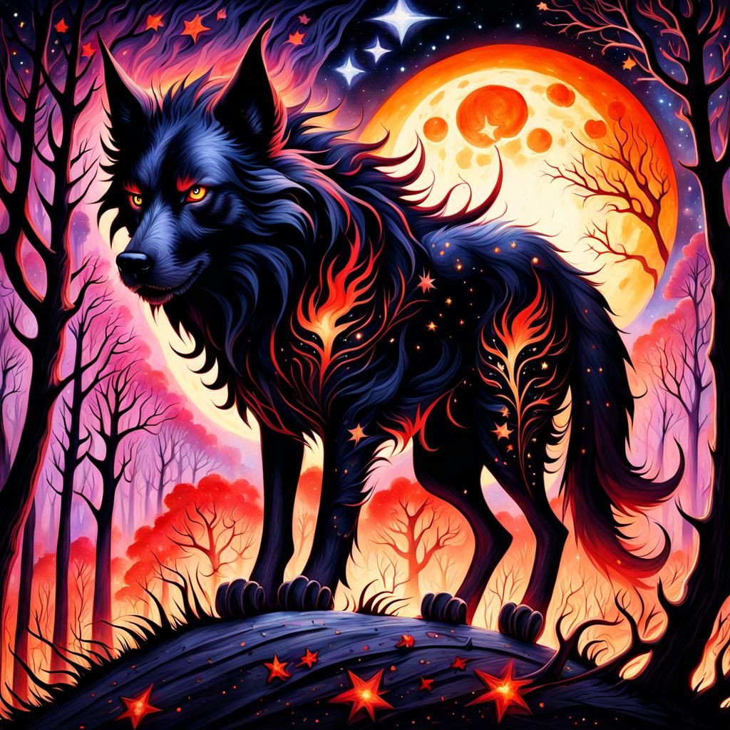 Watercolor Hellhound in Tim Burton Style Forest