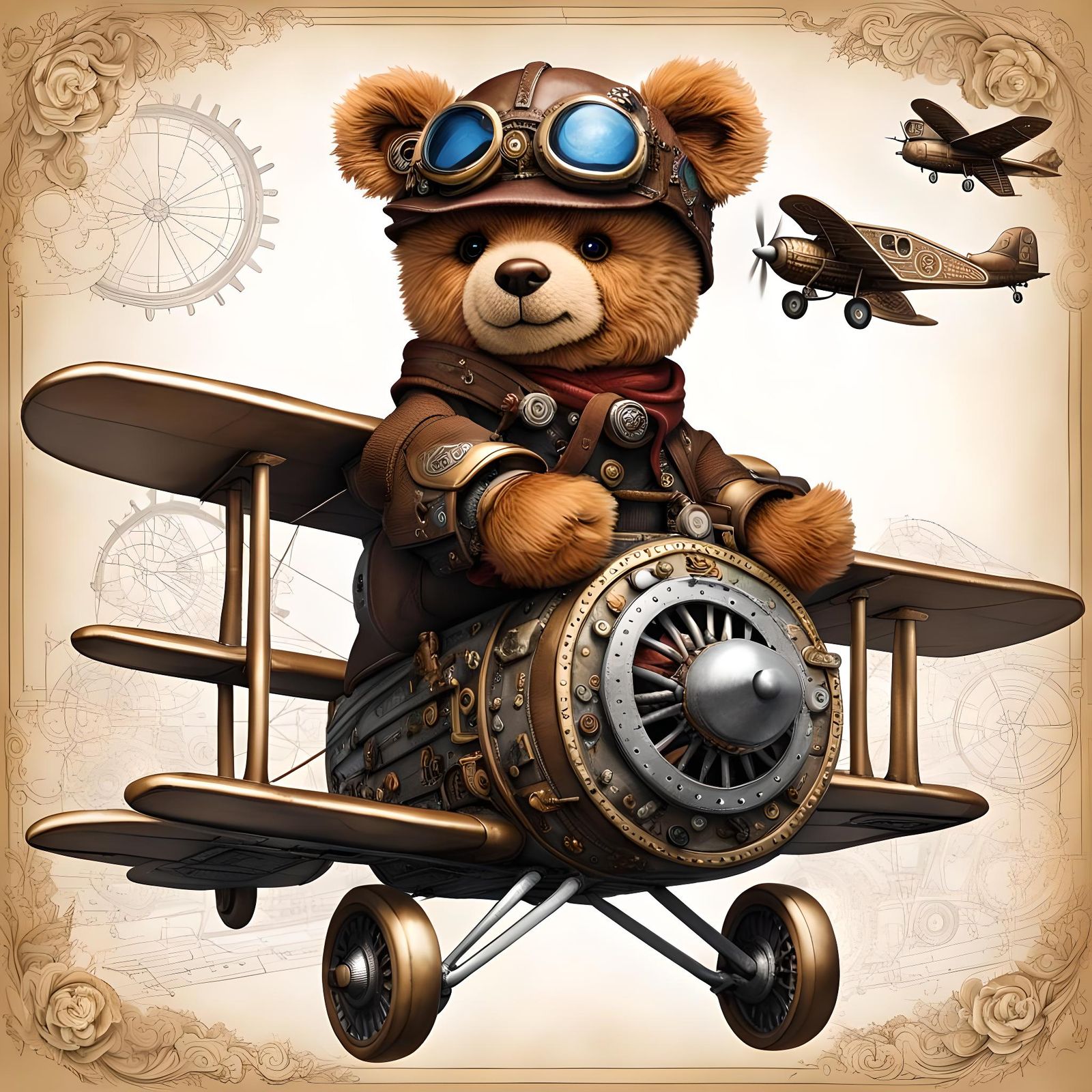 Steampunk Teddy Bear Piloting Airplane