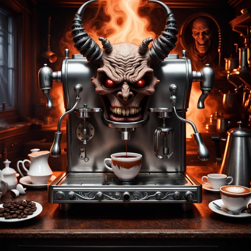 Demonic Espresso Machine in Horror Style
