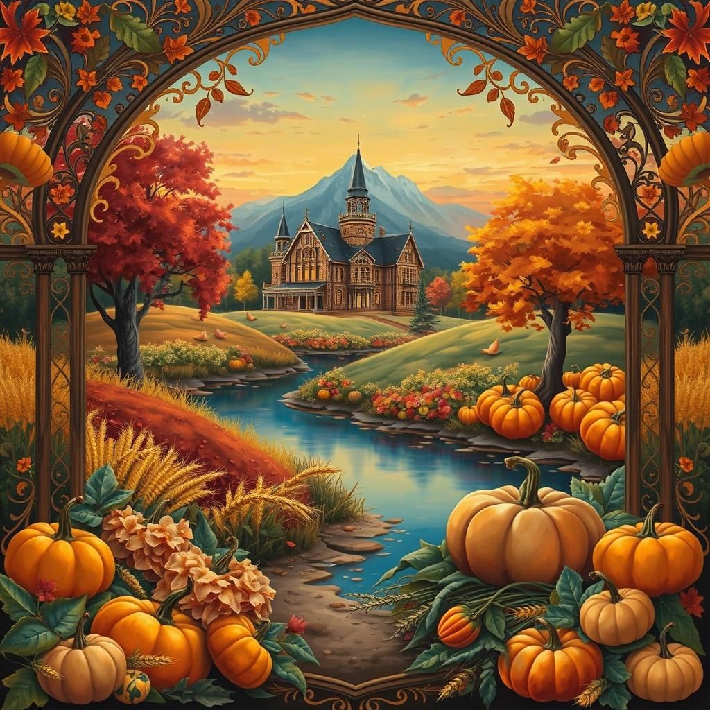 Art Nouveau Autumn Scene with Pumpkins and Flowers