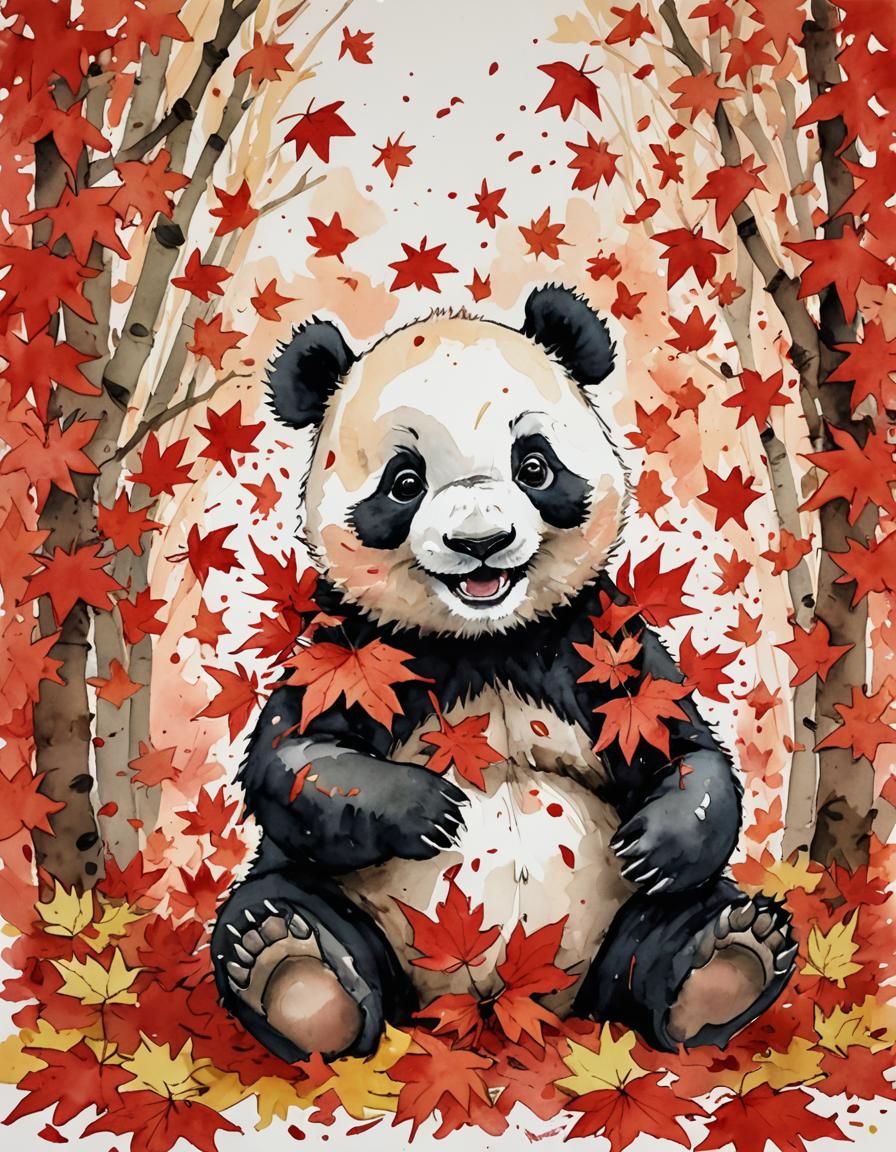Happy Baby Panda in Maple Leaves, Watercolor Illustration