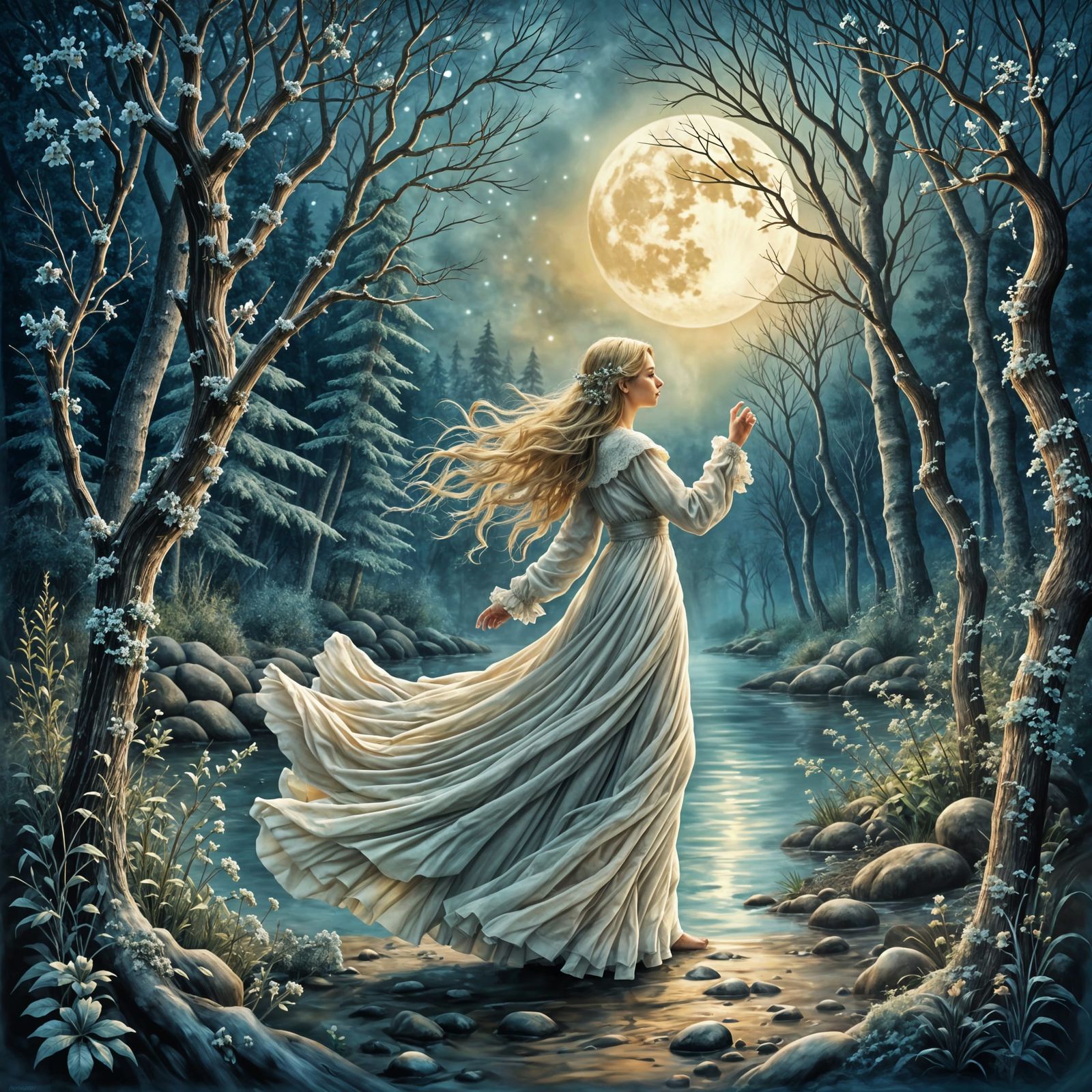 Moonlit Forest Dance of a Blonde Woman