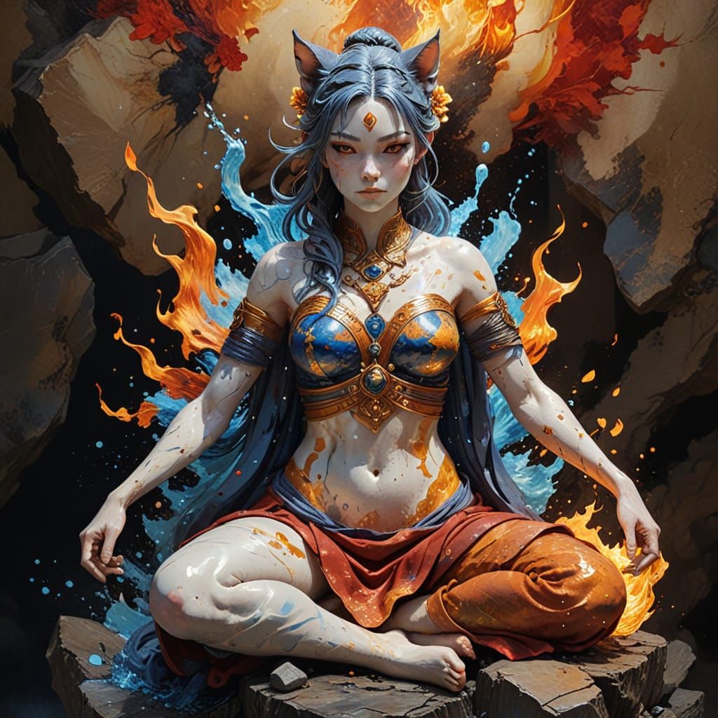 Ethereal Tabaxi Monk Cat-Girl Emerges from Ocean Sunset in K...