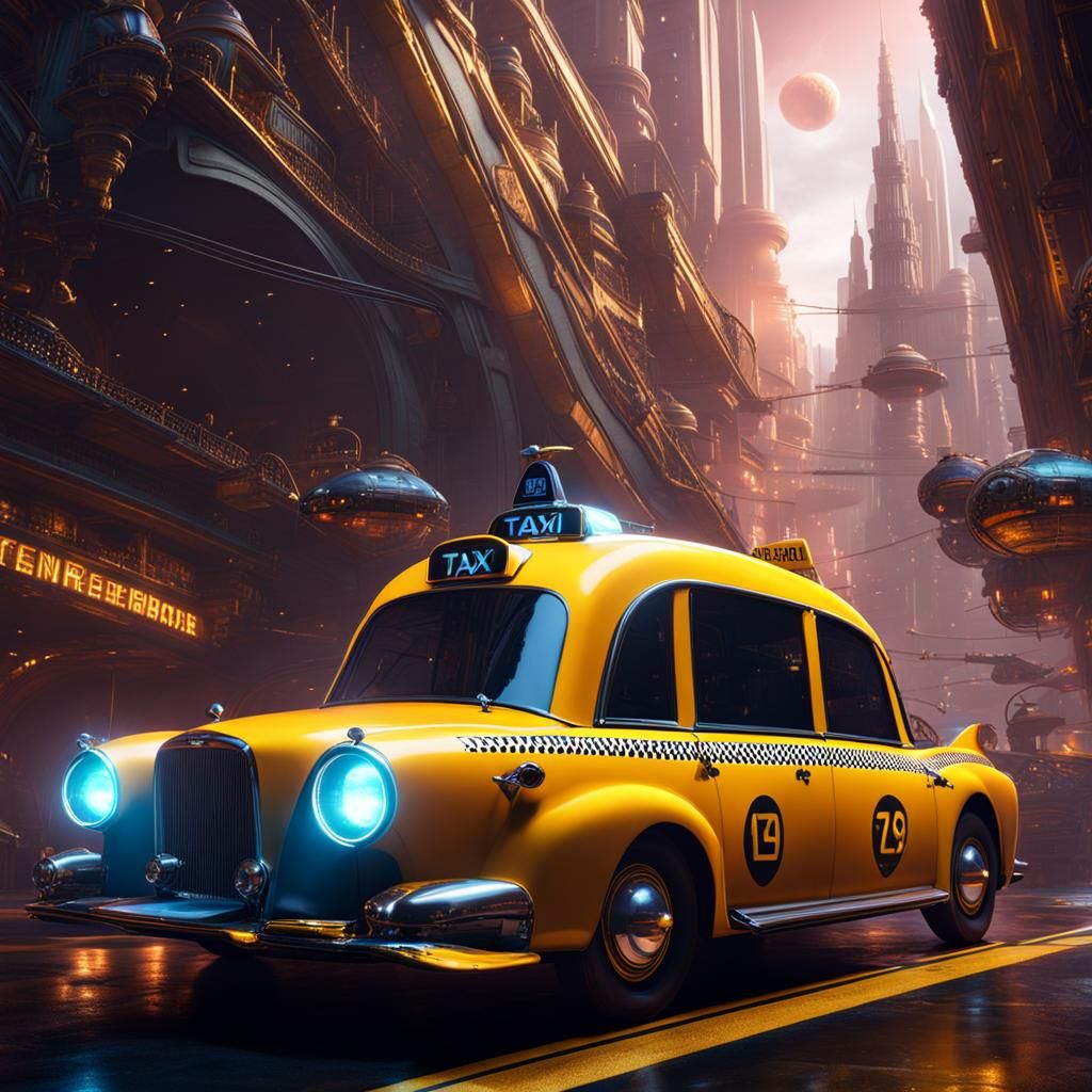 Futuristic Taxi in Space: Detailed Matte Painting