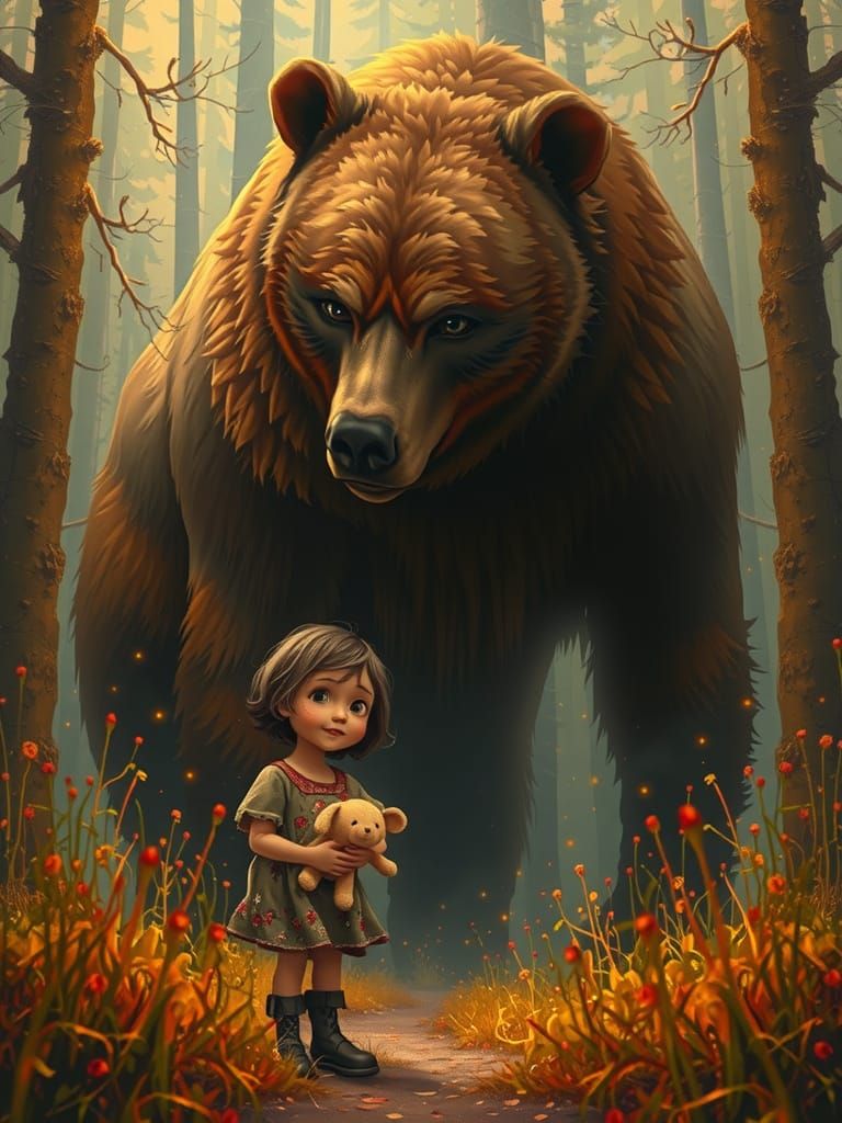 Girl and Mythical Bear in Burtonesque Fantasy