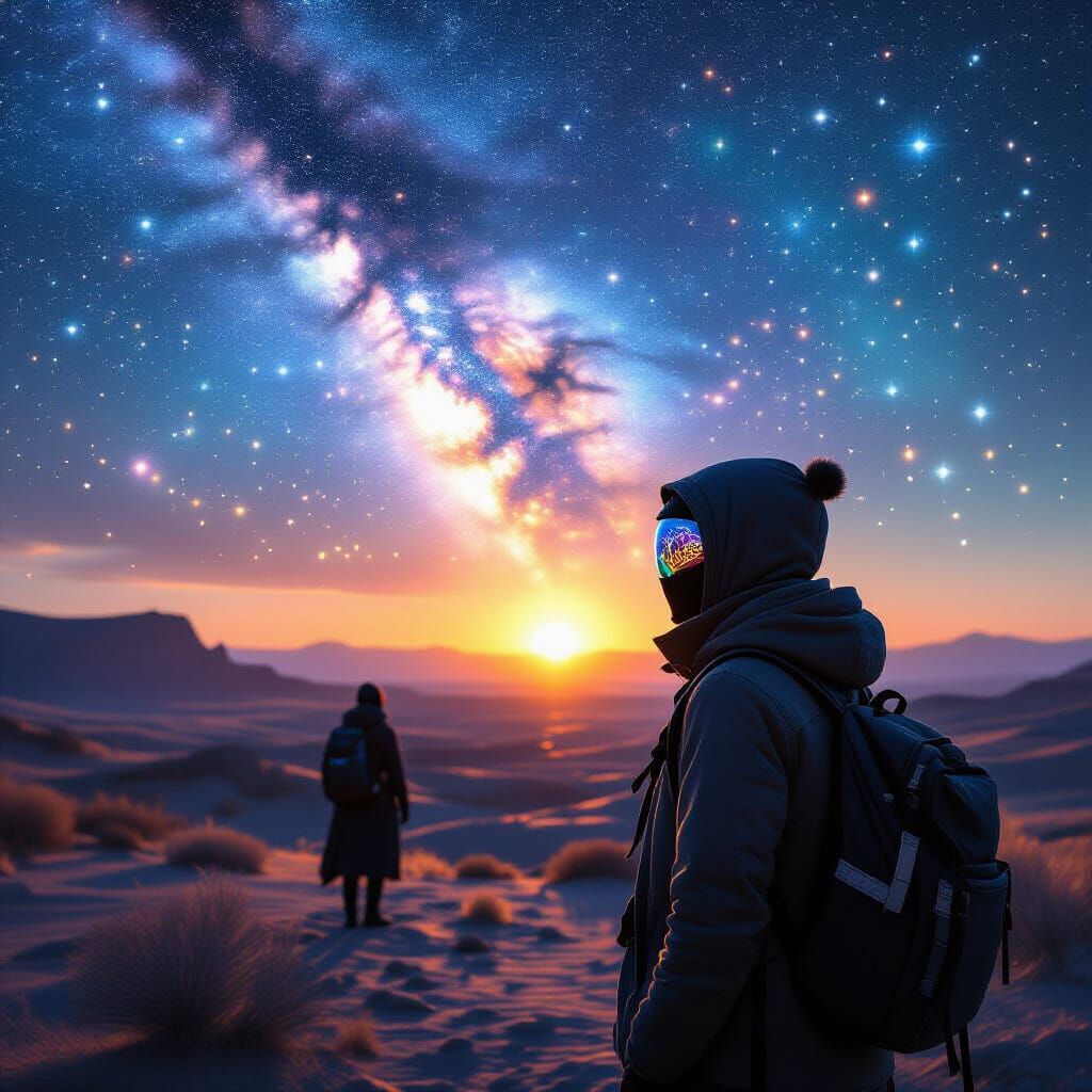 Masked Traveller Amidst Astral Expressionist Shimmers