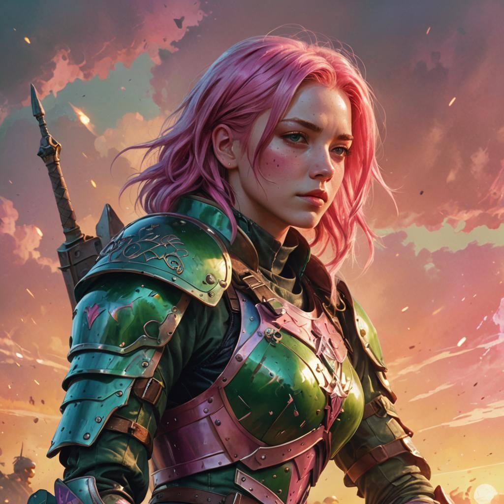 Woman with Pink Hair in Green Armor, Anime Style
