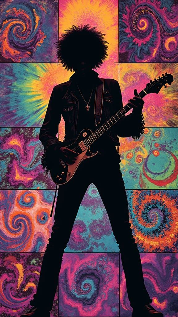 Psychedelic Guitarist Silhouette in Pop Art Style