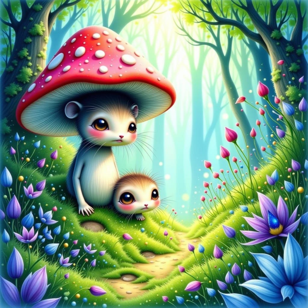 Whimsical Creature Peeking From Magical Mushroom