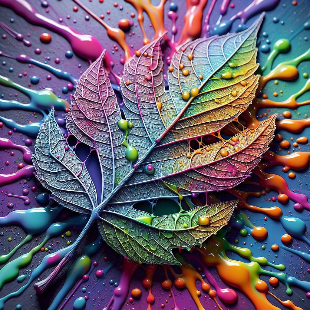 Photorealistic Leaf Skeleton with Raindrops in Street Art St...